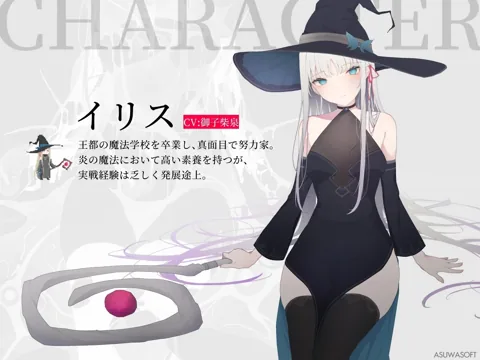 戴尖顶魔女帽、手持镶宝石法杖的银发伊莉丝，旁边有像素造型和日文角色介绍。