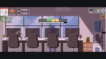 办公室桌椅与工作进度条，上方显示收入变化
