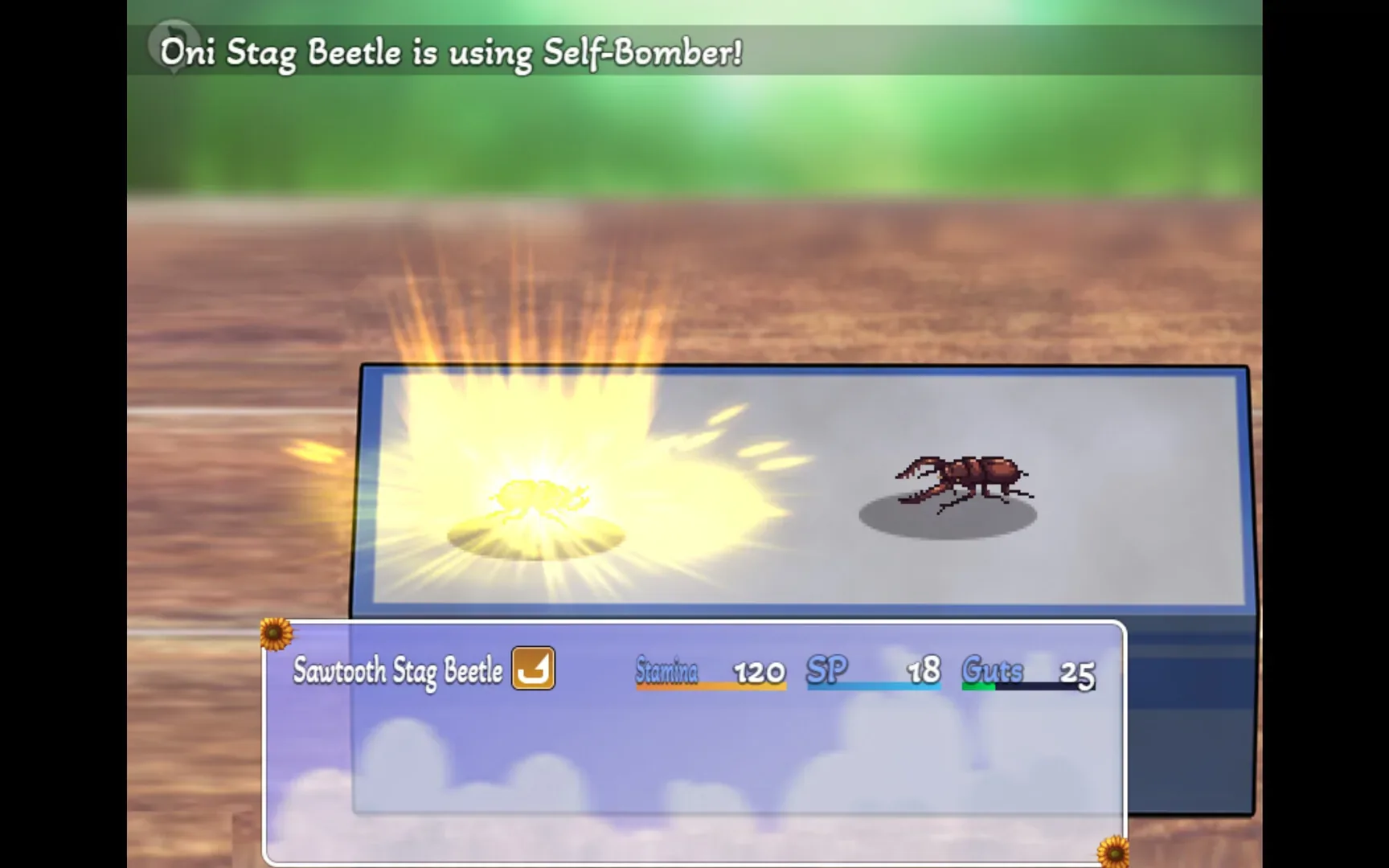 我秘密的暑假时光2：普通虚构甲虫对战，Oni Stag Beetle使用Self-Bomber，Sawtooth Stag Beetle栏Stamina120SP18Guts25