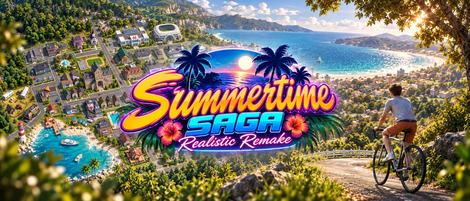 Summertime Saga Realistic Remake 标题与海滨小镇宣传图